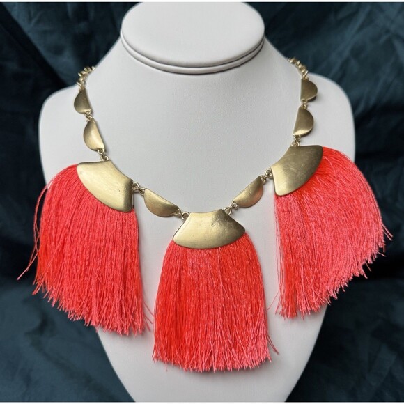 Goldtone Neon Coral Red Fan Fringe Statement Necklace 3 Tassel Adjustable 17-21” - Picture 3 of 13